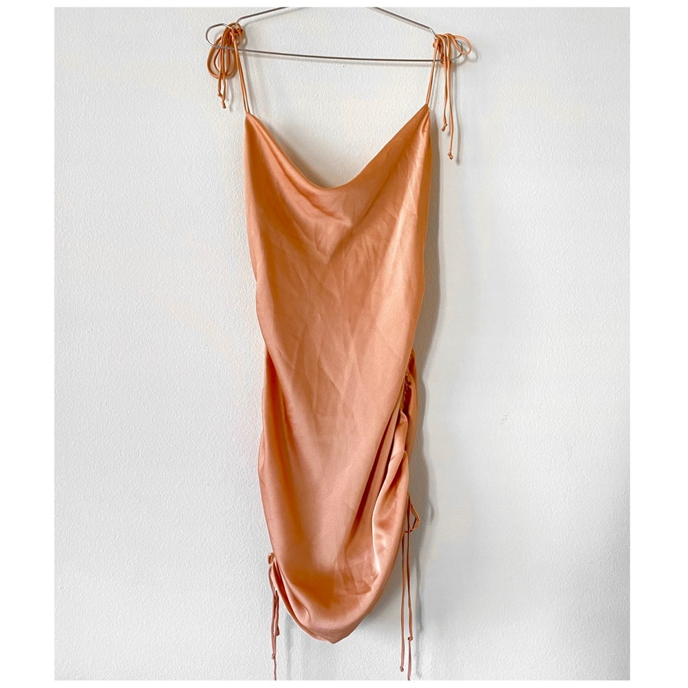 Silky lightweight cowl-neck ruched slip mini dress in salmon